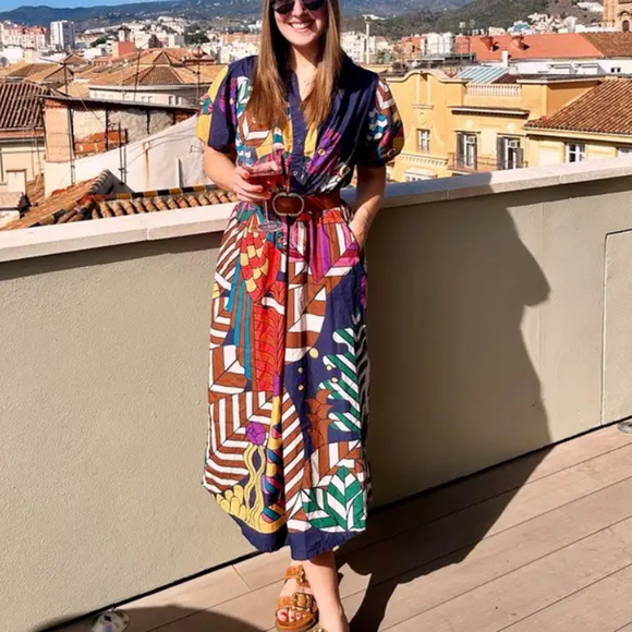 Carolina K Retro Mod Muumuu Midi Dress XS Artsy Kaftan Vacation Designer $425 - Picture 7 of 13